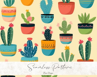 Boho Kaktus Musterdesign: Digitales Papier (12x12 inches, PNG, 300 dpi)