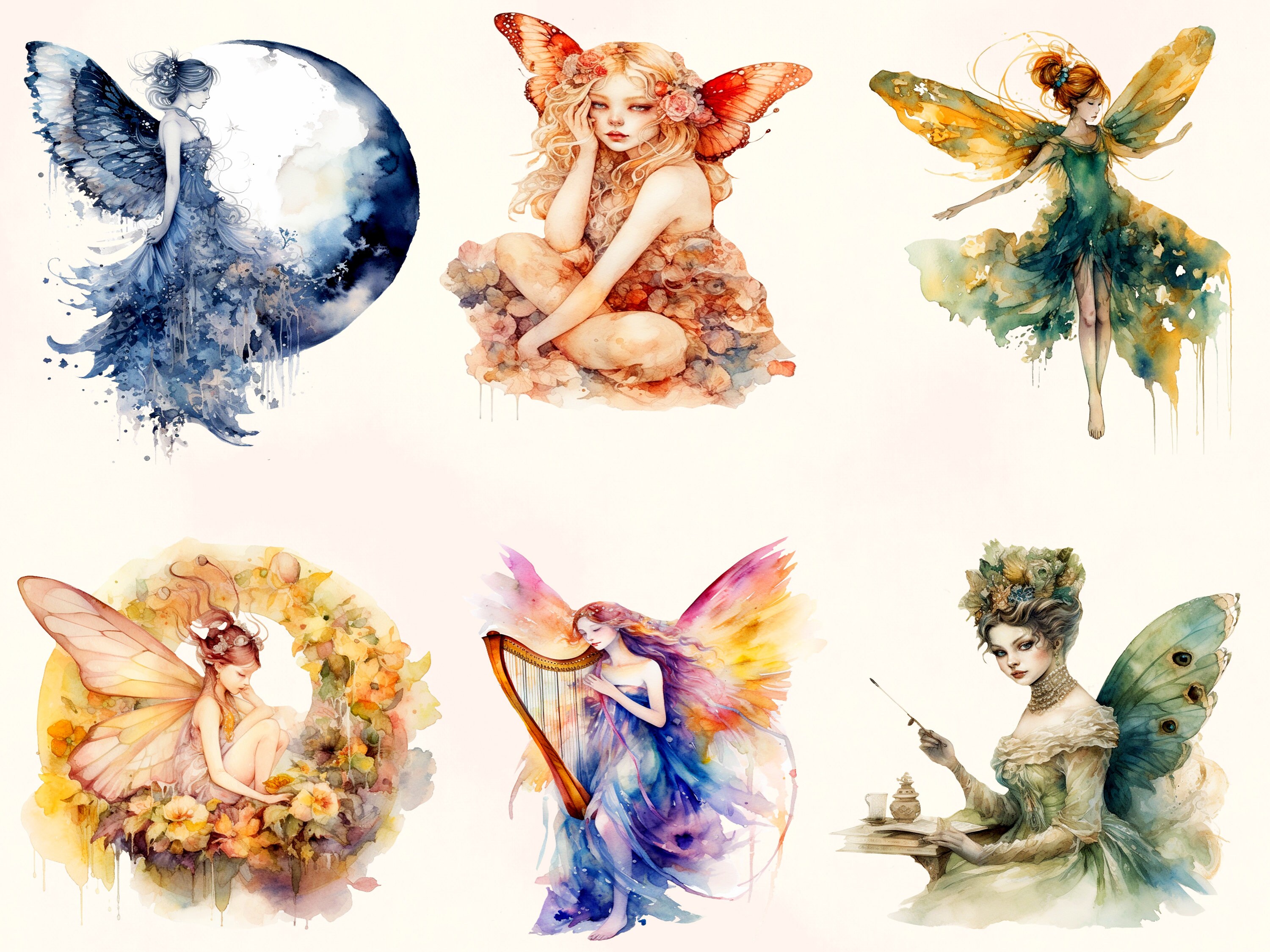 Watercolor Fairy Clipart: Fantasy PNG Set for Junk Journals (commercial ...