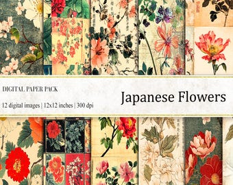 Japanese Floral Digital Paper: Vintage Asian Flowers (Digital Download)