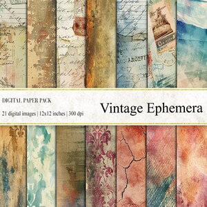 Pode incluir: Um pacote de papel digital com 21 imagens de estilo vintage. As imagens apresentam uma variedade de texturas, padrões e cores, incluindo papel desbotado, notas escritas à mão e designs florais. O pacote é intitulado "Vintage Ephemera" e mede 30,48 x 30,48 cm a 300 dpi.