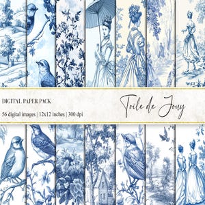 Papel digital Toile De Jouy, papel chinoiserie, diario basura toile francés, papel decoupage, papel victoriano, papel de álbum de recortes toile azul