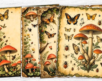 Vintage Mushroom Butterfly Junk Journal Paper (Digital Download)