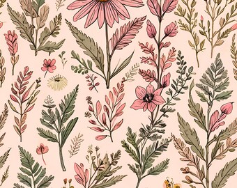 Op de afbeelding: Een naadloos patroon met diverse botanische elementen in roze, groene en bruine tinten. Het ontwerp omvat grote roze bloemen met gele centra, samen met kleinere bloemen, bladeren en stelen, alles tegen een lichtroze achtergrond.