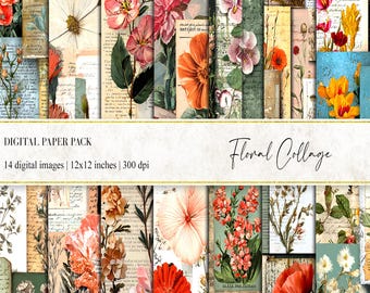 Floral Collage Digital Paper: Mixed Media Scrapbook Backgrounds (Digital Download)