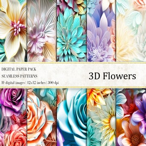 Papéis digitais de flores 3D, papel de parede floral digital 3D, padrão sem emenda de peônia, padrões sem emenda de flores 3D, uso comercial, papel 3D