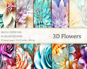 May include: A digital paper pack of 10 seamless patterns featuring 3D flowers in various colors and styles. The patterns are 12x12 inches and 300 dpi.