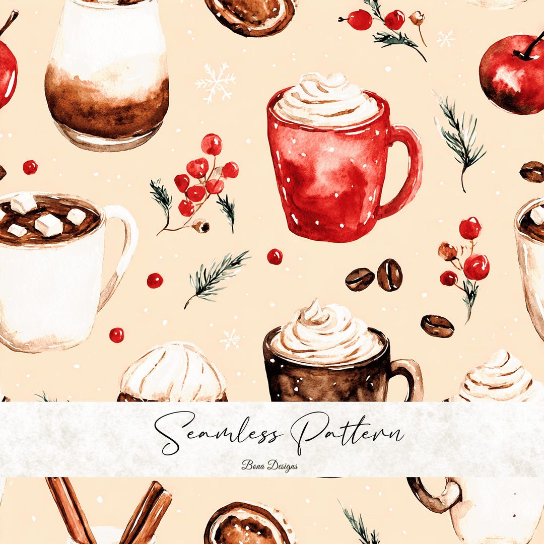 Christmas Cozy Winter Seamless Pattern: Coffee Muffin Fabric Print ...
