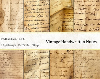 May include: A digital paper pack featuring eight images of vintage handwritten notes. The images are 12x12 inches and 300 dpi. The notes are written in faded ink on aged paper, with visible creases and folds. The text "Vintage Handwritten Notes" is displayed.