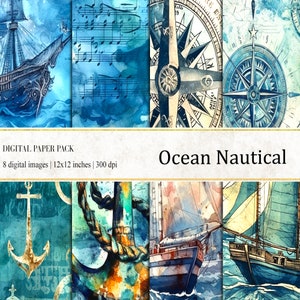 Ocean Nautical Digital Papers, Watercolor Ocean Nautical Print, Nautical Digital Paper, Journal Papers, commercial use, Vintage Background