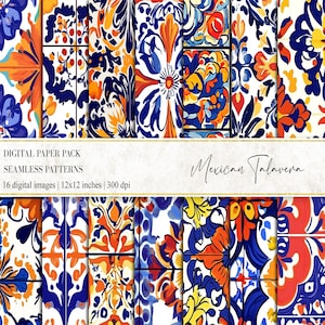 May include: A digital paper pack of 16 seamless patterns featuring vibrant Mexican Talavera tile designs. The patterns are in shades of blue, orange, yellow, and red, with intricate floral motifs. Each pattern is 12x12 inches and 300 dpi.