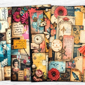 Op de afbeelding: Een collage van vintage papieren ephemera met bloemen- en vlindermotieven. De collage bevat verschillende tekstfragmenten, waaronder "Surty R Colodeis let a Roget Jo. of andy" en "Scaldon prt arom."