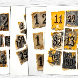 Lettere e numeri grunge, fogli di giornale spazzatura, lettere e numeri grunge, fogli strappati, stampabili grunge, download digitale, collage di tecniche miste