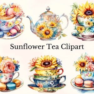 Aquarel zonnebloemthee clipart, 14 zonnebloemthee illustraties, zonnebloem Tea Time kunst, bloementhee png, commercieel gebruik, theekop clipart