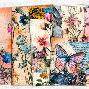 Papeles florales para diario basura, collage floral, diario basura botánico, papel digital floral, hoja de collage digital, collage de técnica mixta