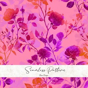 May include: Seamless floral pattern featuring roses in shades of pink, purple, and orange. The design includes detailed rose blooms and leaves on a light pink background. The text "Seamless Pattern" and "Bena Designs" are present.