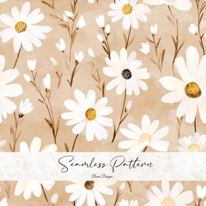 Puede incluir: Un patrón sin costuras con margaritas blancas con centros dorados y tallos y hojas marrones sobre un fondo beige. El texto "Seamless Pattern" y "Bena Designs" se muestra en una pancarta blanca.