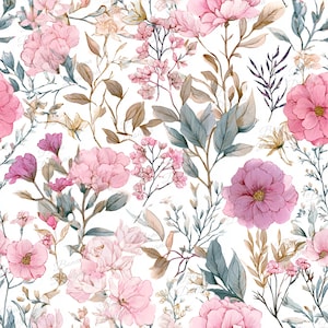 May include: Watercolor floral pattern featuring large pink peonies, smaller pink flowers, and various green and brown leaves and stems. The design is set against a white background, creating a soft and elegant aesthetic.