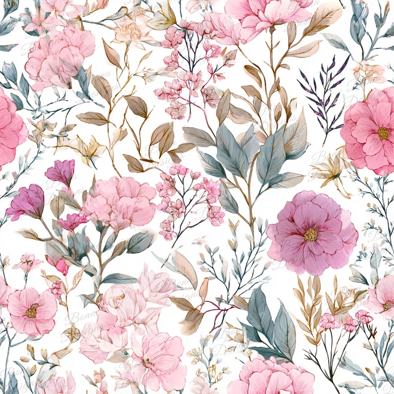May include: Watercolor floral pattern featuring large pink peonies, smaller pink flowers, and various green and brown leaves and stems. The design is set against a white background, creating a soft and elegant aesthetic.