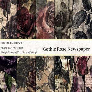 Gothic Rose Newspaper Digital Papers, Newspaper Background, Gothic Papers, Gothic Journal Papers, Newspaper Seamless Pattern, Old Newspaper