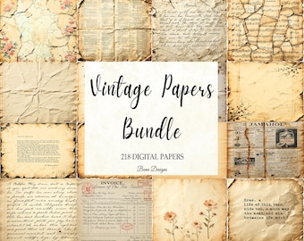 Könnte beinhalten: Eine Sammlung von Vintage-Papiertexturen. Das Bild zeigt eine Vielzahl von gealterten Papieren, darunter florale Designs, handschriftliche Notizen und Zeitungsausschnitte. Der Text "Vintage Papers Bundle" ist prominent dargestellt.