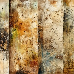 May include: Abstract art print with a textured, layered, and distressed look. The print features a mix of brown, beige, and white colors with hints of green and blue. The print has a vintage, aged, and weathered appearance.