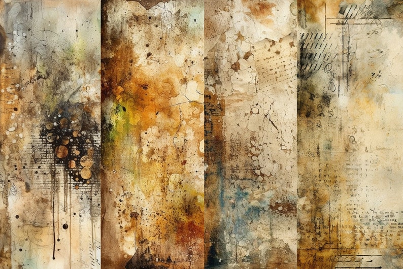 May include: Abstract art print with a textured, layered, and distressed look. The print features a mix of brown, beige, and white colors with hints of green and blue. The print has a vintage, aged, and weathered appearance.