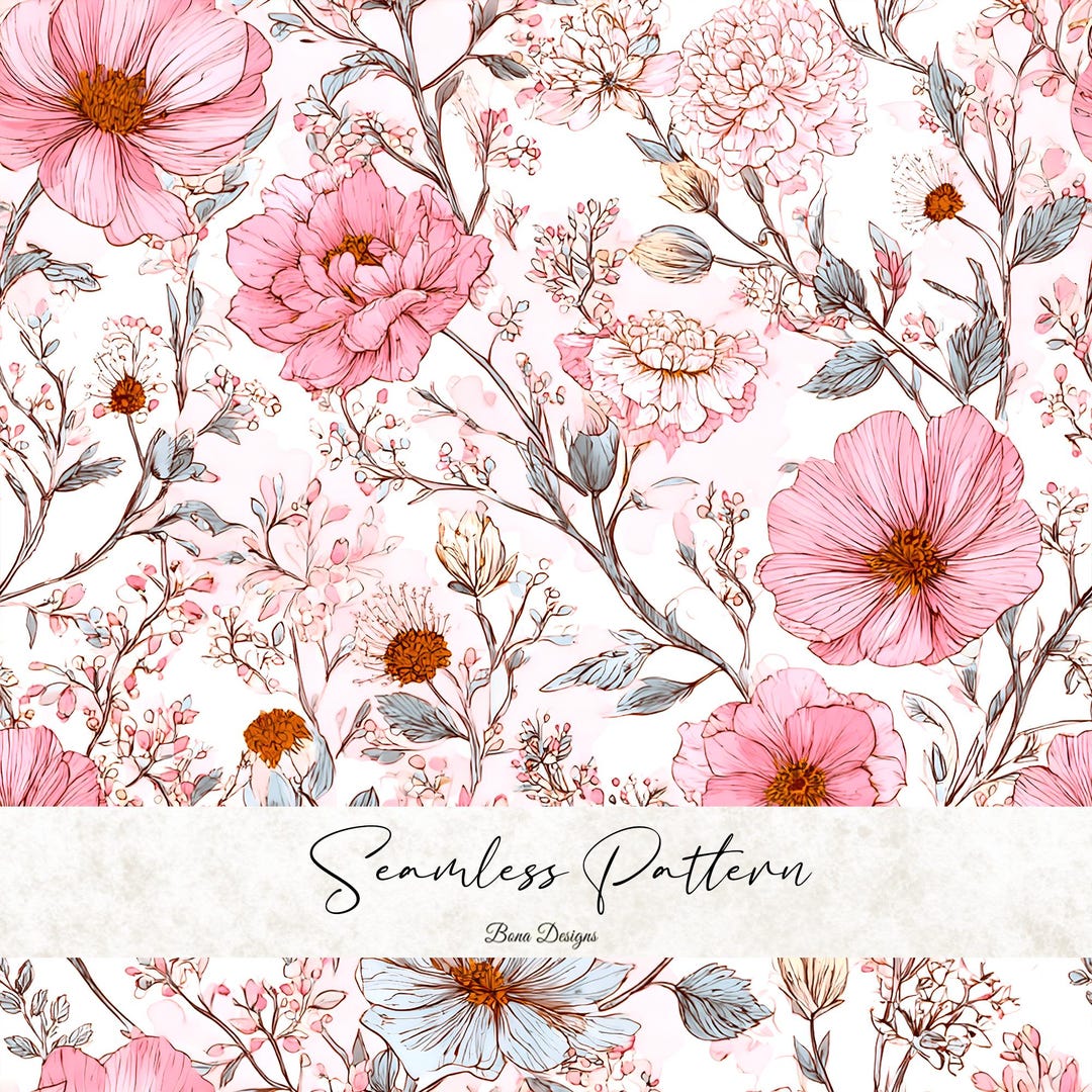 Boho Floral Seamless Pattern: Pink Pastel Delicate Fabric Print ...
