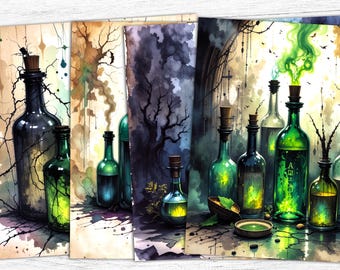 May include: A watercolour illustration featuring a collection of glass bottles with cork stoppers. The bottles contain green and yellow liquids, with some emitting smoke. The background depicts a dark, atmospheric scene with trees and a mystical ambiance.