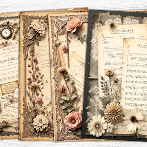 Vintage musikalisches Junk Journal Papiere, Blumen Rahmen Papiere, digitaler Download, getrocknete Blumen Papiere, Vintage Notiz Seiten, Decoupage Papiere