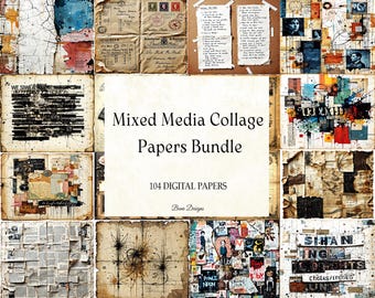 Könnte beinhalten: Ein digitales Bundle mit 104 Mixed-Media-Collagepapieren. Die Papiere zeigen eine Reihe von Texturen, Farben und Designs, darunter Vintage-Ephemera, Farbspritzer und handgeschriebener Text. Das zentrale Papier lautet "Mixed Media Collage Papers Bundle."