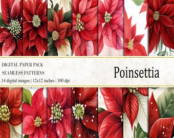 Watercolor Poinsettia Digital Paper Set: Christmas Scrapbooking (Digital Download)