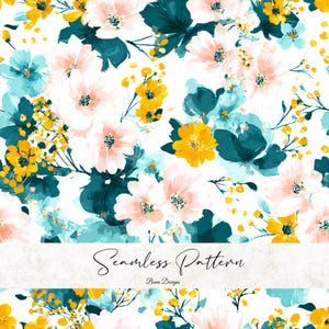May include: A seamless floral pattern design featuring watercolor flowers in shades of peach, teal, yellow, and white. The design includes the text "Seamless Pattern" and "Bena Designs".