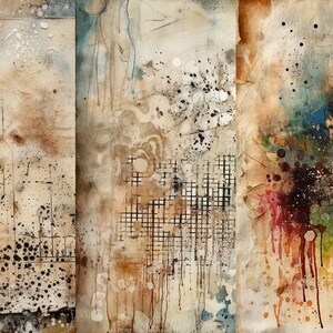 May include: Abstract art painting with three panels. The left panel features a vintage document with handwritten text and black ink splatters. The middle panel has a grid pattern with brown and black paint splatters. The right panel has a dark background with colorful paint splatters in shades of red, orange, yellow, green, blue, and purple.