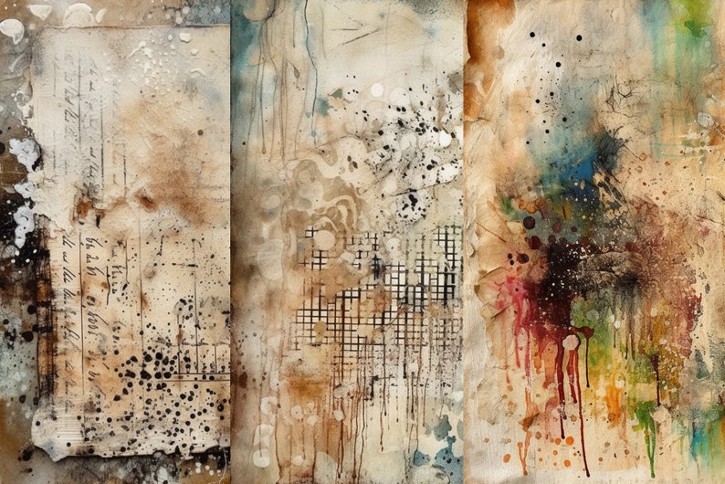 May include: Abstract art painting with three panels. The left panel features a vintage document with handwritten text and black ink splatters. The middle panel has a grid pattern with brown and black paint splatters. The right panel has a dark background with colorful paint splatters in shades of red, orange, yellow, green, blue, and purple.