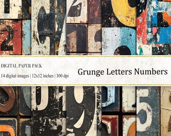 Grunge Letters Numbers Digital Paper Pack (12x12 inches)