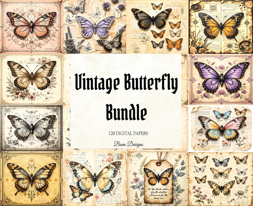 Vintage Butterfly Digital Paper Bundle: Ephemera for Junk Journals (128 ...