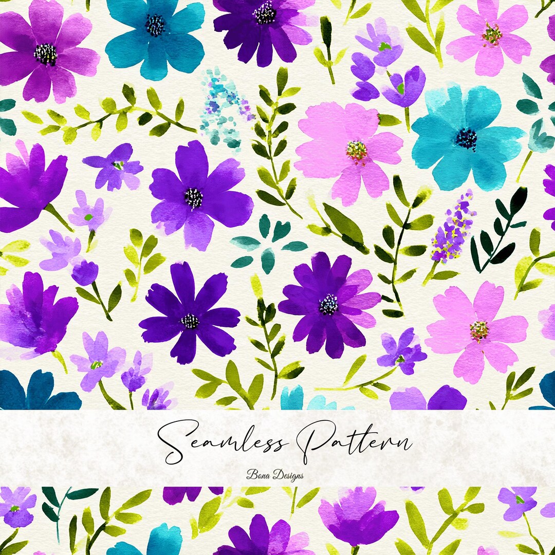 Watercolor Spring Flowers Seamless Pattern: Purple Floral Digital Paper ...