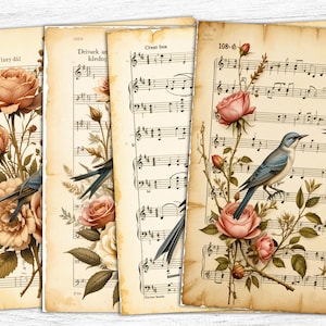 Vintage muzikale rommel dagboekpapier, vintage rozen, manuscriptpagina's, oude brieven, vintage vogels, muziekpapier, digitale download