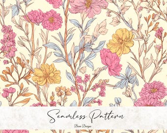 Pastel Floral Seamless Pattern: Vintage Spring Garden Design (Digital Download)