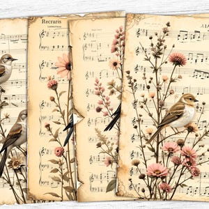 Vintage musikalisches Junk Journal Papiere, getrocknete Blumen Seiten, digitaler Download, Vögel Sammelalbum, Vintage Ephemera, Distressed Antique