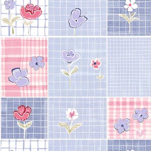 May include: A grid-patterned fabric design featuring alternating squares of light blue, dark blue, and pink plaid backgrounds. Each square contains simple, stylized floral illustrations in shades of purple, red, white, and pink with green stems.