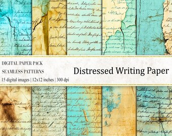 Distressed Aqua Writing Paper, Vintage Texture (Digital Papers)