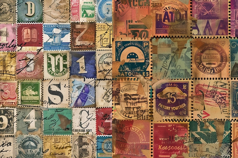 Vintage Postage Stamps Digital Paper: Travel Journal (12x12 Inches, JPG ...