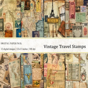 Selos de viagem vintage, papéis digitais, papéis de diário vintage, papel de diário de viagem, fundo de efêmera, impressão de selos de viagem, uso comercial
