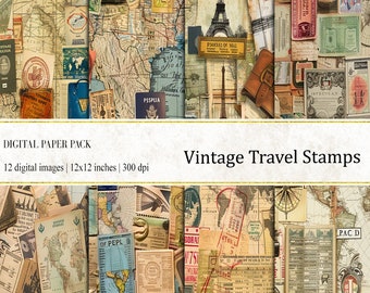 May include: A digital paper pack with 12 vintage travel themed images. The images feature maps, stamps, tickets, and other travel ephemera. The images are 12x12 inches and 300 dpi.