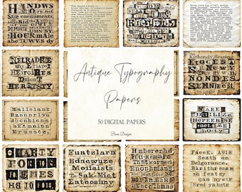 May include: A collection of 50 antique typography papers. Each paper has a vintage, aged appearance with various text snippets and phrases in a typewriter font. The papers are arranged in a grid.
