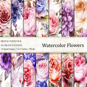 Watercolor Flowers Digital Papers, Flowers Backgrounds, Commercial Use, Flowers Digital Papers, Pink Gold Flowers Background