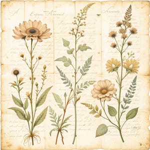 May include: A vintage botanical illustration featuring three different types of flowers with delicate yellow petals and green leaves. The illustration is on a cream-colored background with handwritten text that includes the words "Deutzia Arvensis" and "Arunata".