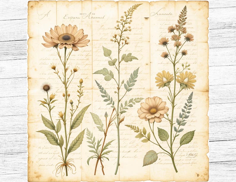 May include: A vintage botanical illustration featuring three different types of flowers with delicate yellow petals and green leaves. The illustration is on a cream-colored background with handwritten text that includes the words "Deutzia Arvensis" and "Arunata".