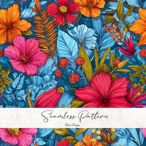 May include: Seamless pattern featuring vibrant tropical flowers in shades of pink, orange, and red, set against a teal background. The design includes detailed leaves and the text "Seamless Pattern" and "Benn Designs".